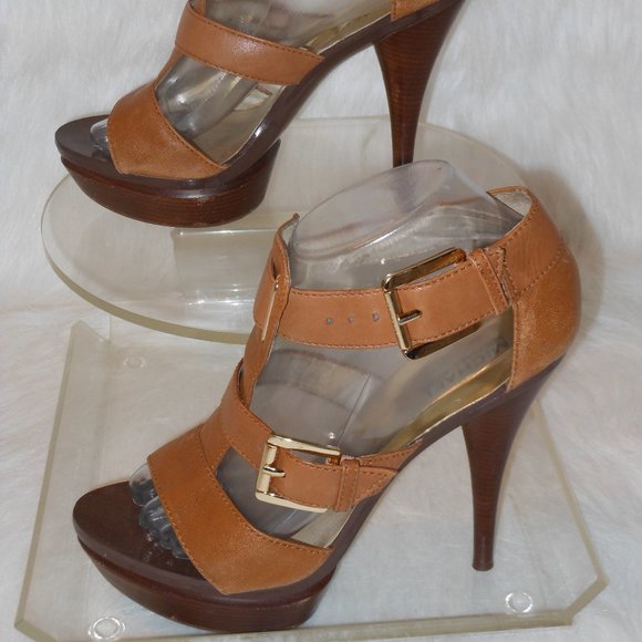 MICHAEL KORS TAN LEATHER STRAPPY HIGH HEEL SANDALS SIZE 8 MEDIUM - Picture 2 of 7